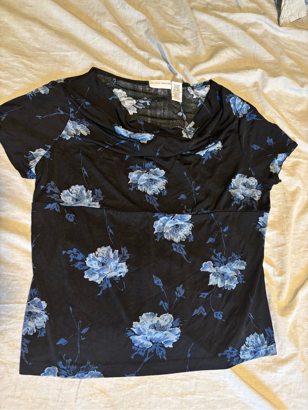 Jaclyn Smith Black Short Sleeve Top with Blue Floral Print